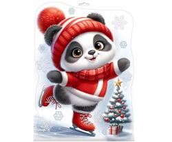 Наклейки НГ ПРАЗДНИК 0201175 Новогодняя панда на коньках двухстор. на стекло