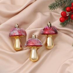 НАБОР Елочн.украш. 3шт Праздничные грибочки золотисто-красный 4,5*6см 6536855