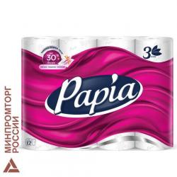Бумага туалет. 3-слойная (12х16,8 м), PAPIA, белая, 12шт в уп. 5080722 (цена за упаковку)
